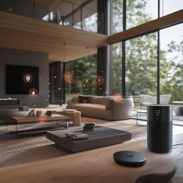 Vista interior de un hogar moderno con dispositivos domóticos